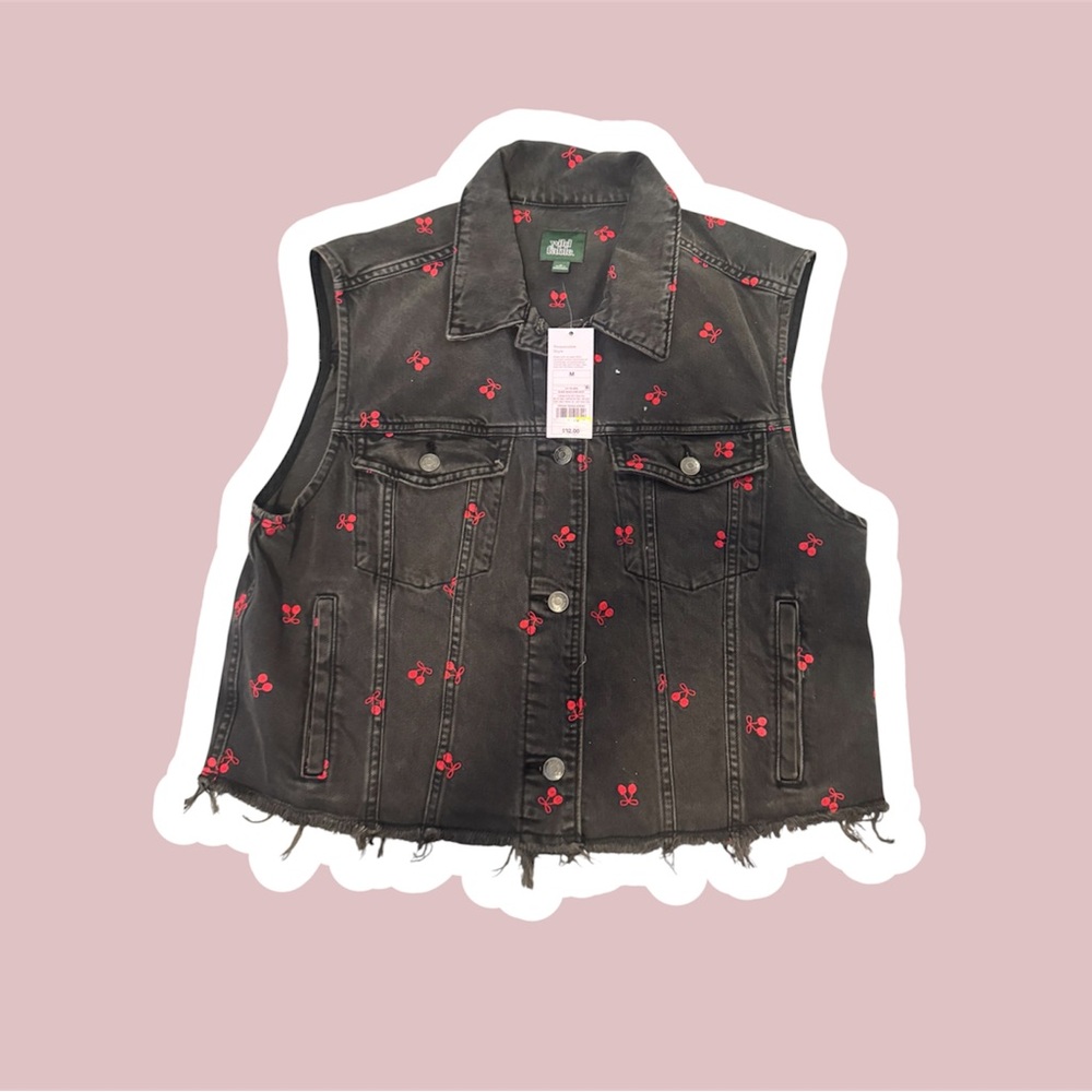 Wild Fable Black Jean Jacket with Red Floral Embroidery
